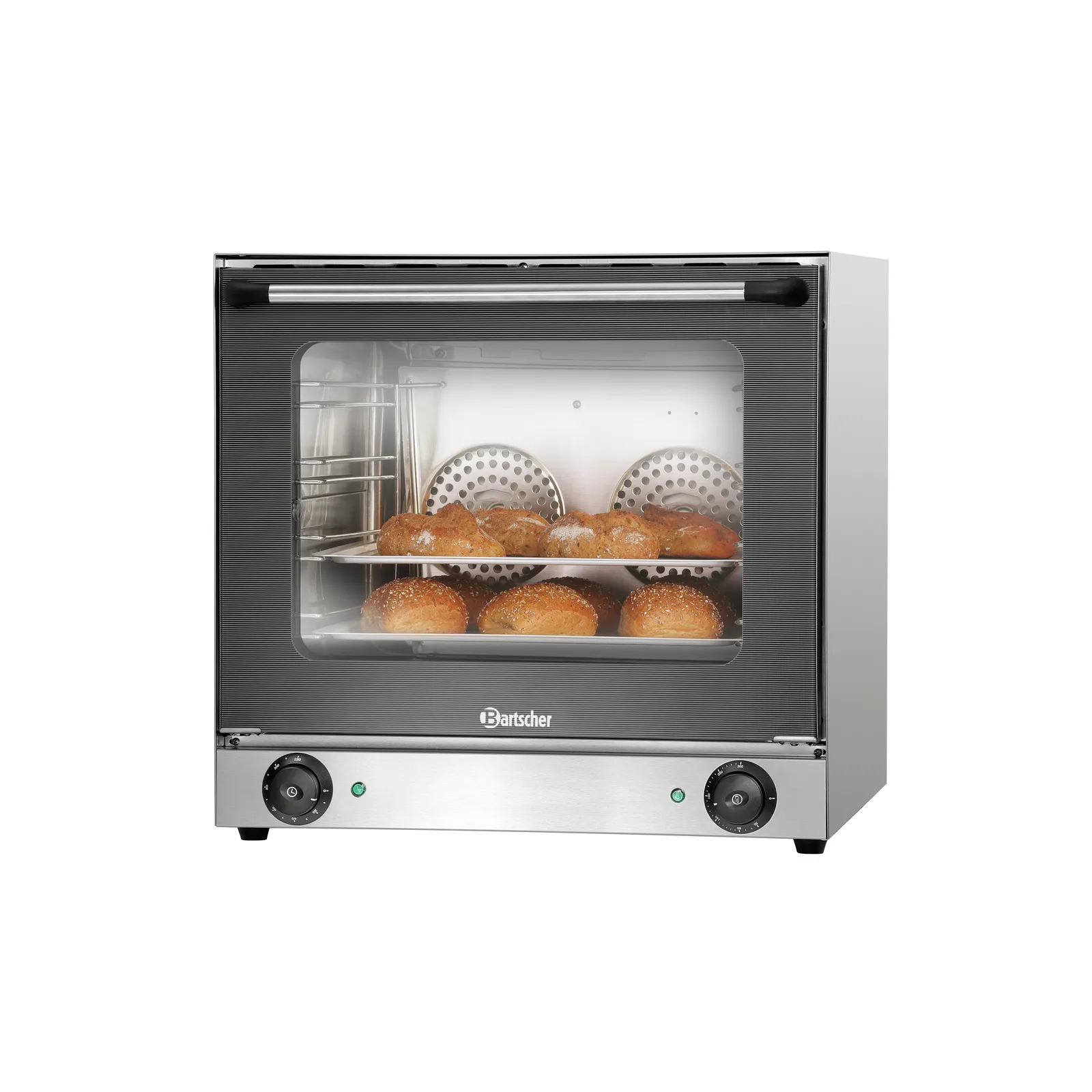 Bartscher 120879 Heißluftofen AT90-ST Ansicht Komplett, mit Brötchen, Backofen, Toaster-Backofen, Brötchen, Edelstahl, Thermostatknöpfe