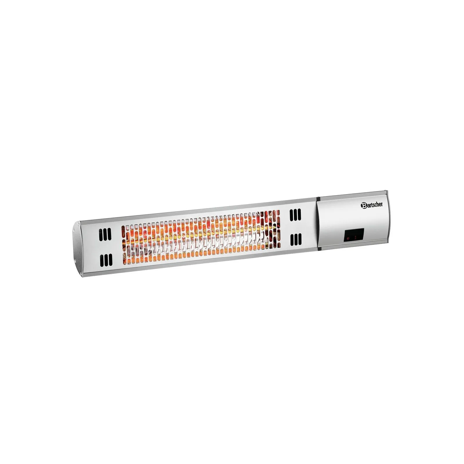 Bartscher 825215 Heizstrahler W2000 E Ansicht Komplett angeschaltet, infrarotstrahler, heizstrahler, wandhalterung, metall, orange licht