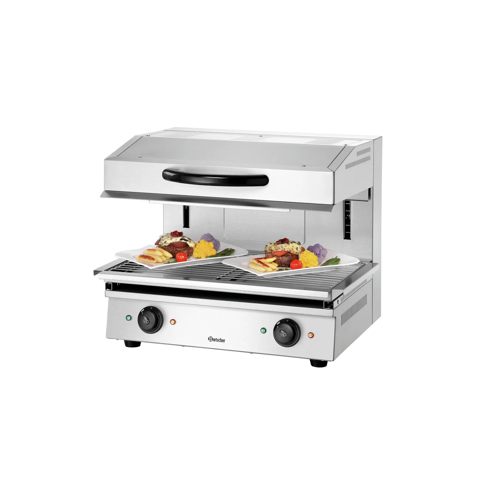 Bartscher 151512 Lift-Salamander 600-2Z Ansicht Komplett, mit Essen, Grillmaschine, Grillton, Zweibecken