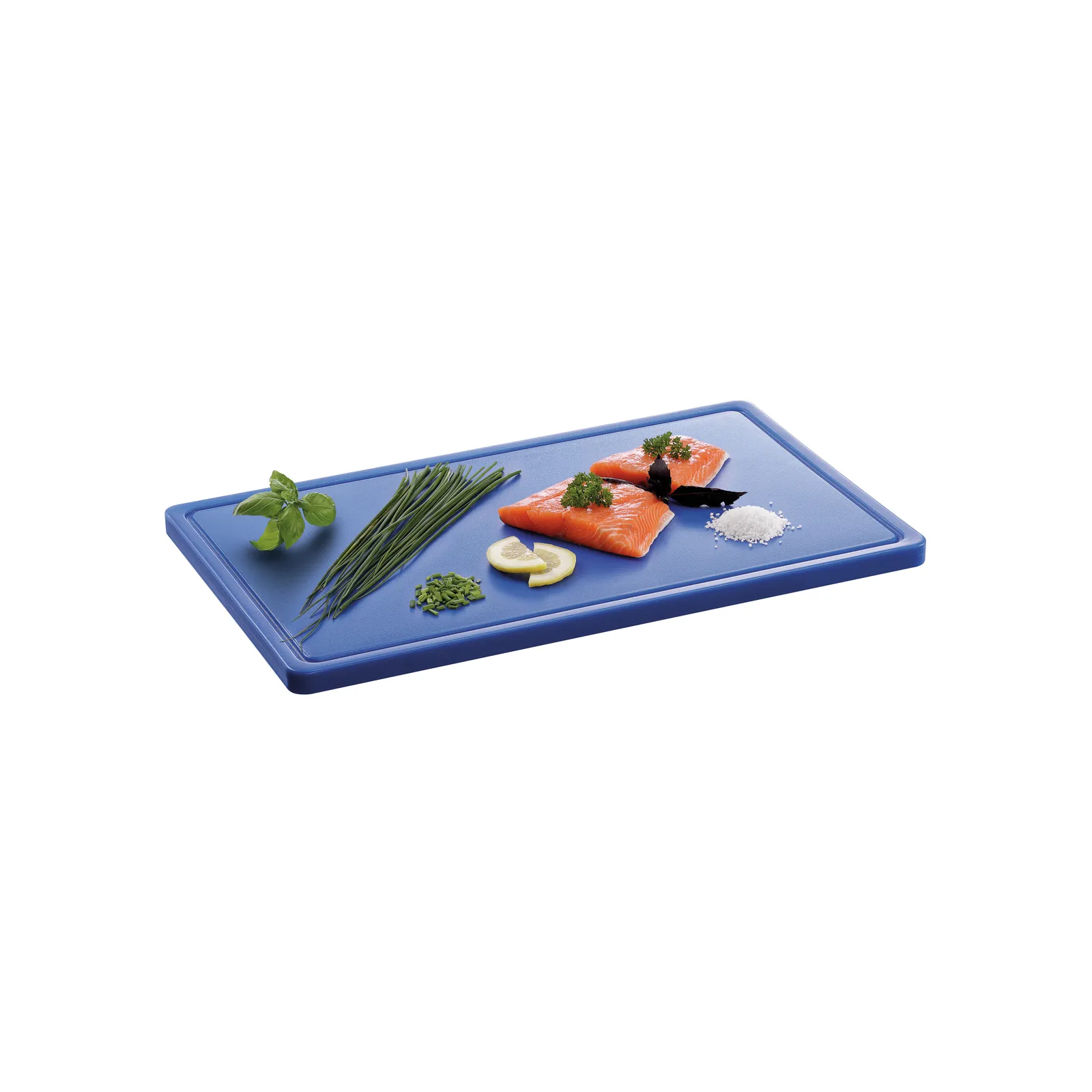 Bartscher A120514 Schneidbrett PRO 53x32 Blau mit Rand mit Essen