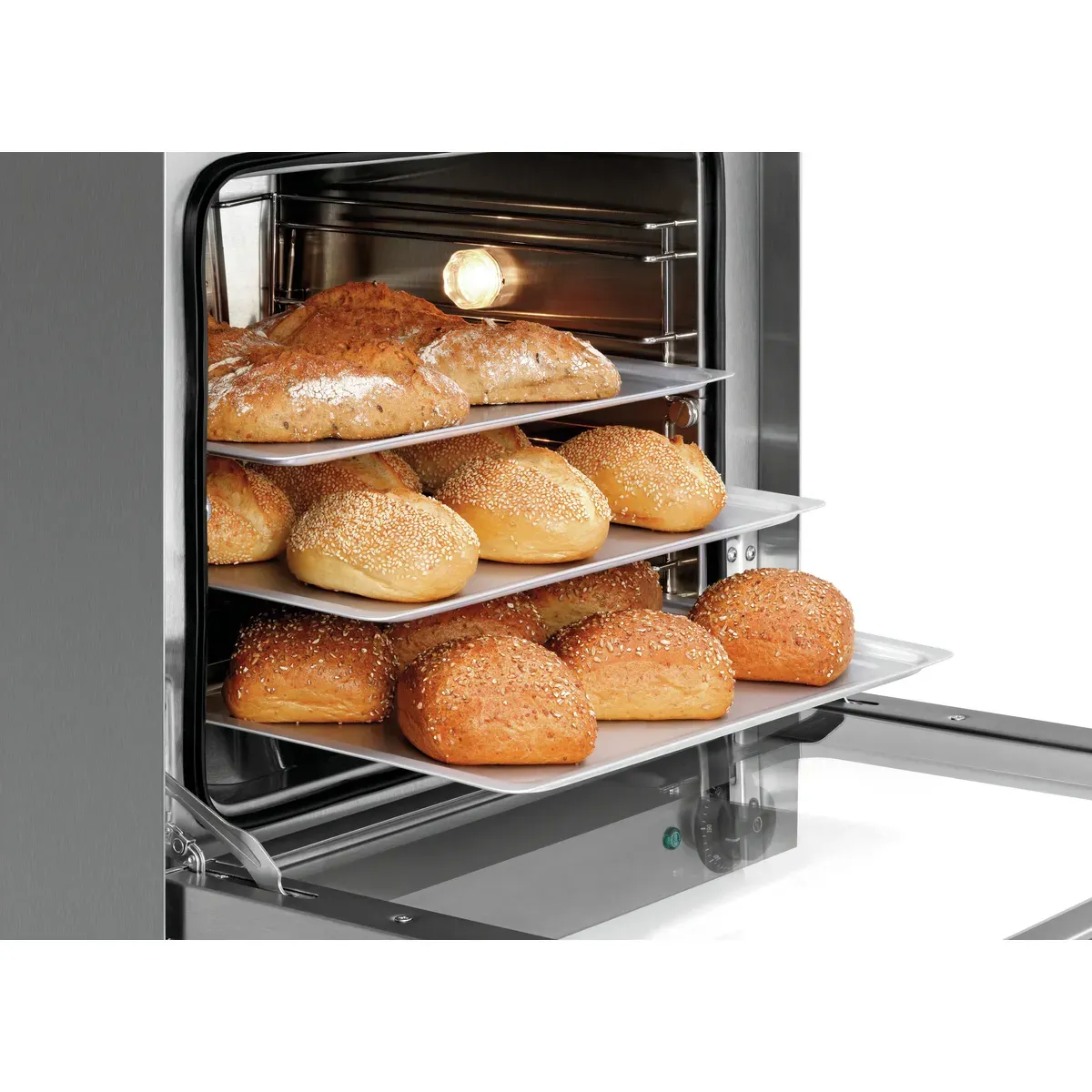 Bartscher 120879 Heißluftofen AT90-ST Nahansicht seitlich, mit Brötchen, geöffnet, Brötchen, Backofen, Runds semmel, Sesam, Backgut