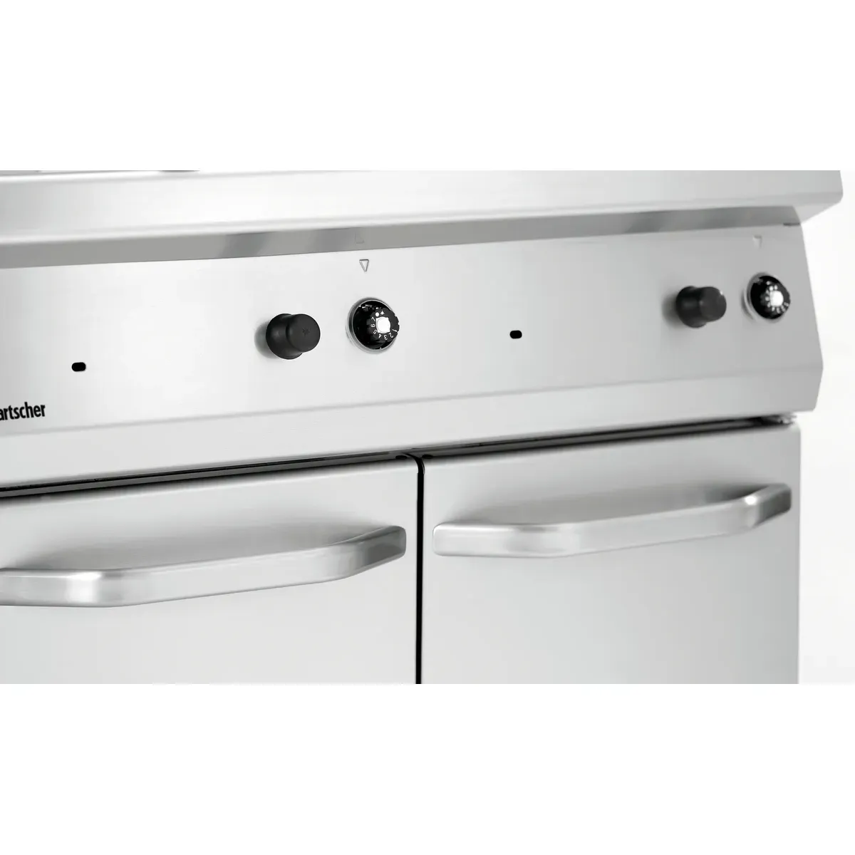 Bartscher 2859271 Fritteuse Gas 700 B800 2x15L Nahansicht Bedienelemente, gas-grill, doppel-türig, stahl, bedienelemente, thermometer