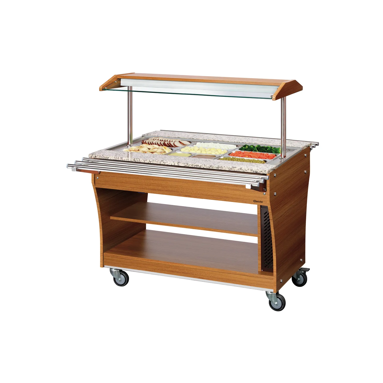Bartscher 125502 Tablettrutsche 1 Stück 3x 1/1 GN Ansicht an Buffetwagen, ausgeklappt, Buffetwagen, Buffettisch, Speisenstation, Granitplatte, Rollwagen