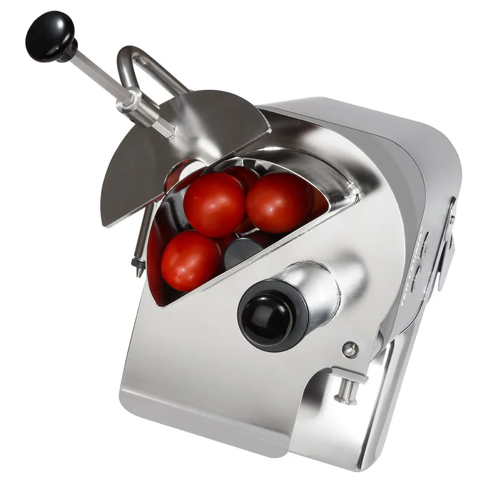 manuelle tomatenschneide, tomatenpresse, stahl, handbetrieben, kuchenmaschine?, tomatenbehälter