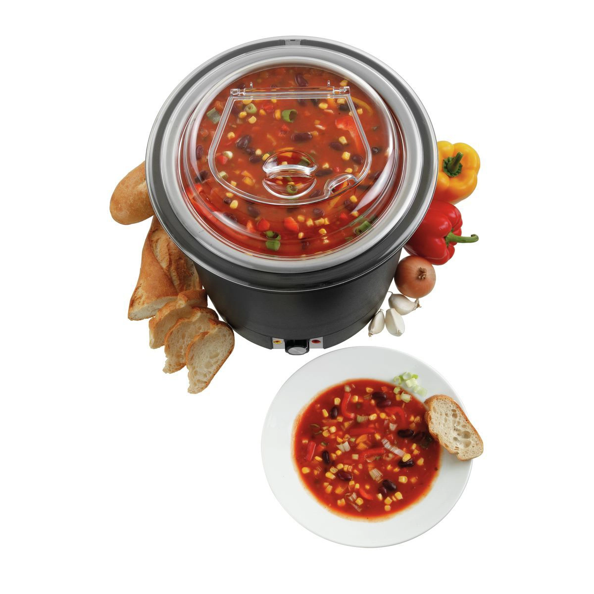 Bartscher Suppentopf schwarz mit transparentem Deckel, Ansicht von oben, 100048 Bartscher 100048 Suppentopf Blick von oben in den Topf