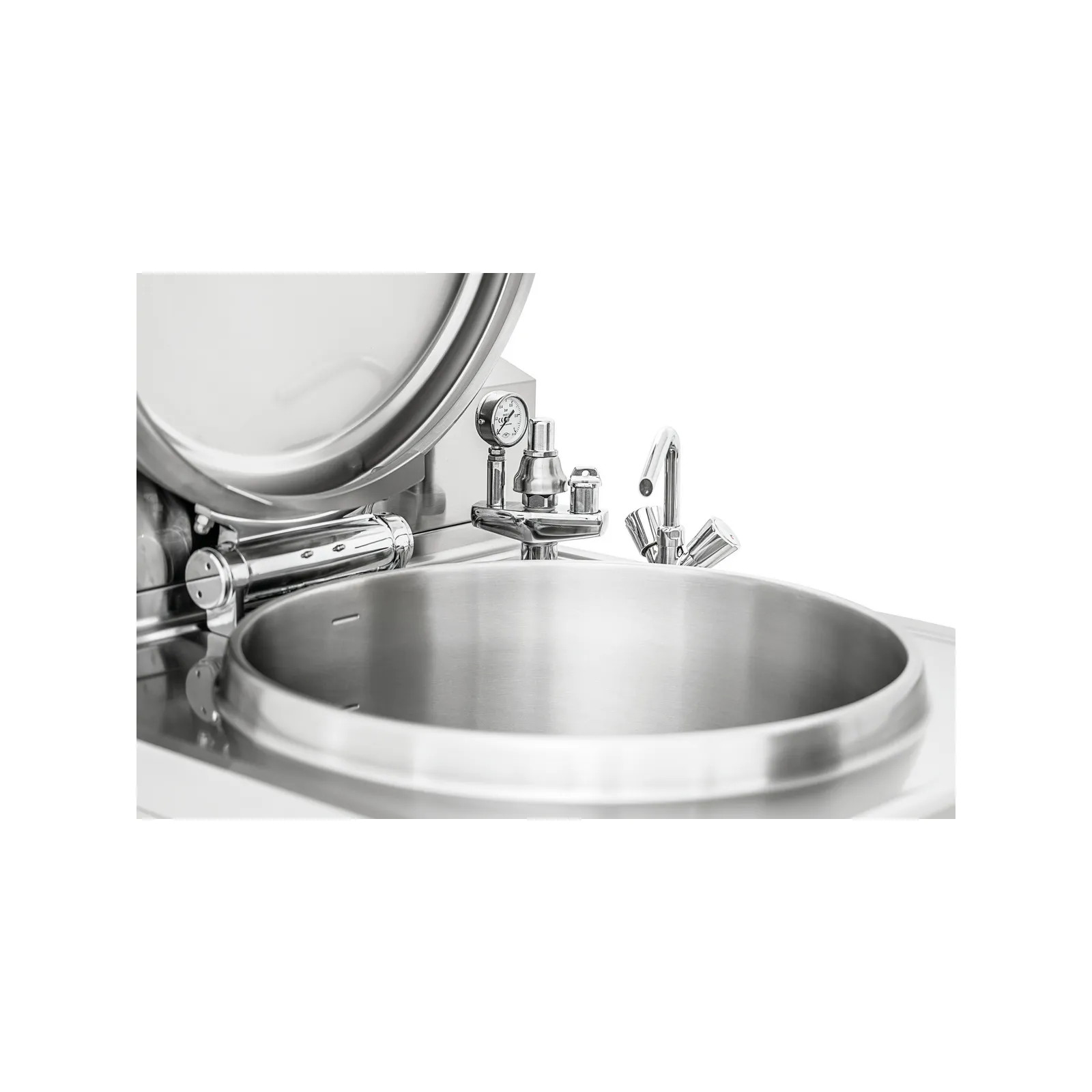 Bartscher 280021 Kochkessel E220L Nahansicht Wasserhahn, offener Deckel, Kaffeemaschine, Edelstahl, Rundbehälter, Druckmesser, Armatur