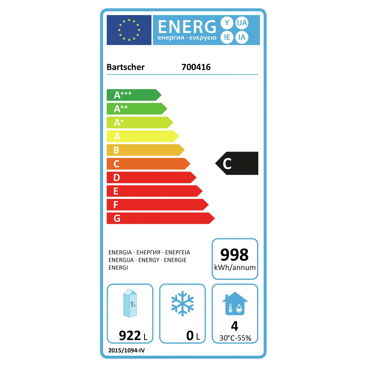 Bartscher 700416 Energielabel  