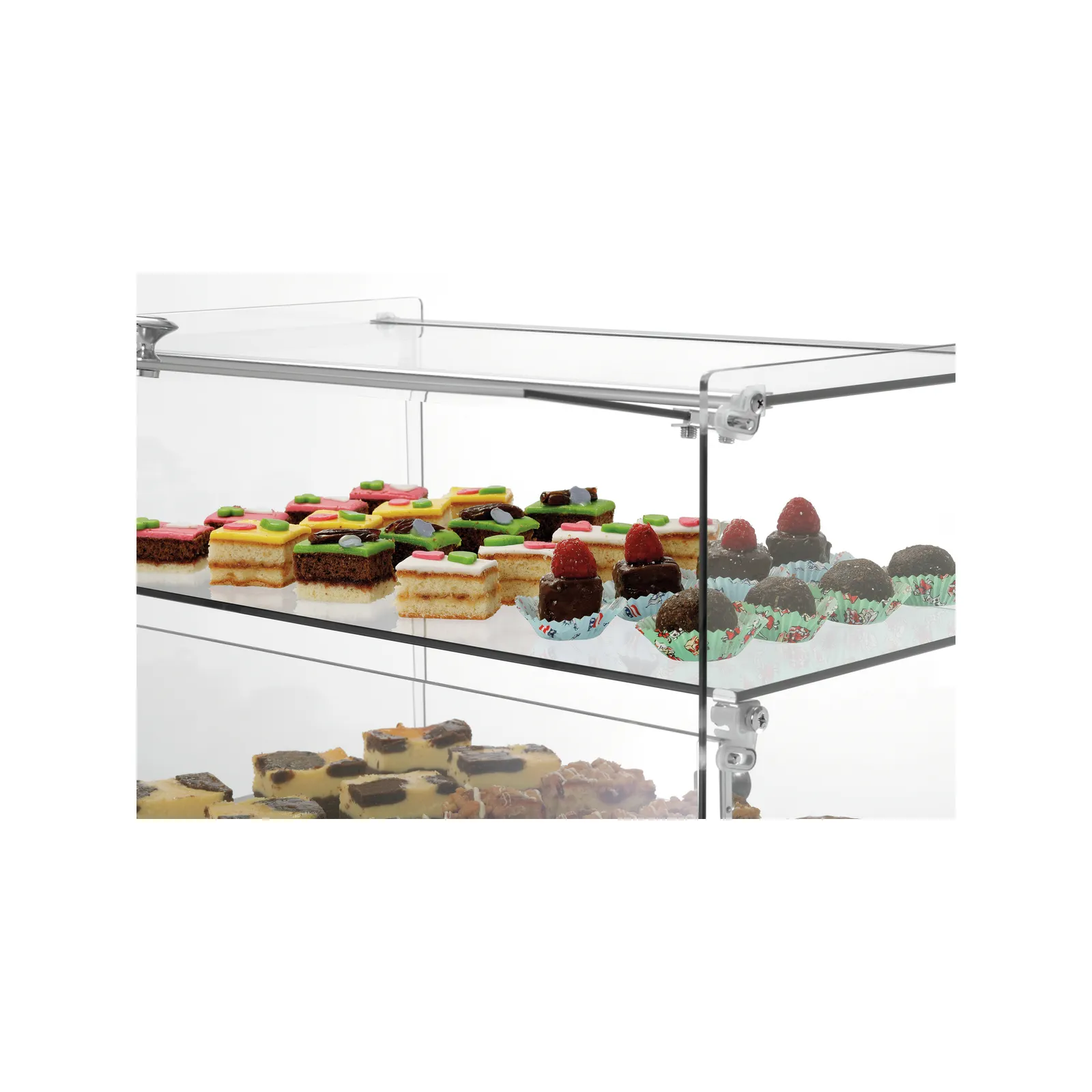 Bartscher 700356 Buffetvitrine 5400 2E-K Ansicht nah mit Essen offen Bartscher 700356 Buffetvitrine 5400 2E-K Ansicht nah mit Essen offen, Glasvitrine, Miniaturkuchen, Kuchen