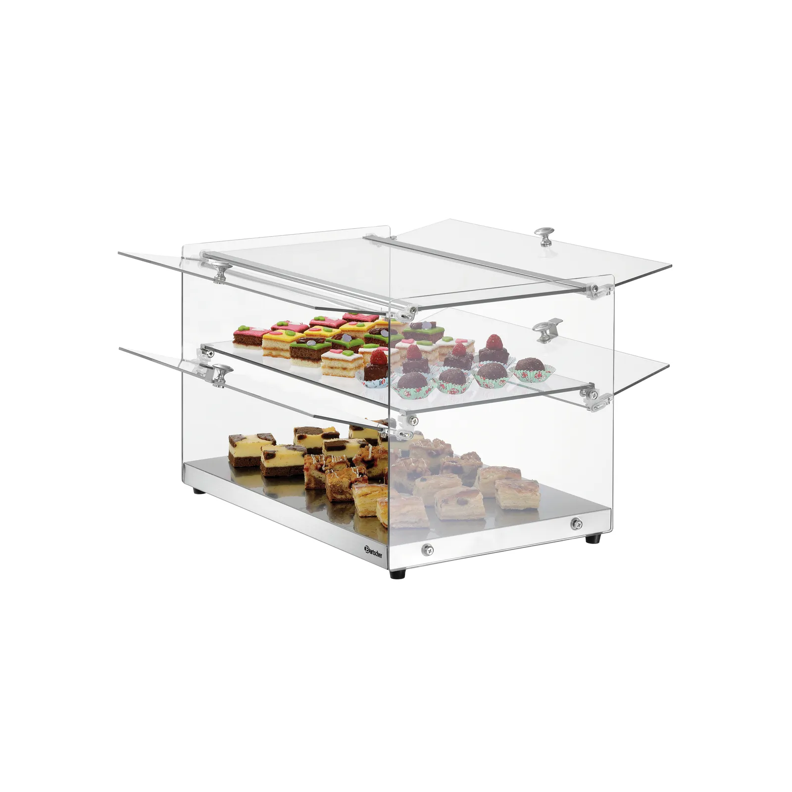 Bartscher 700356 Buffetvitrine 5400 2E-K Ansicht Komplett mit Essen offen Bartscher 700356 Buffetvitrine 5400 2E-K Ansicht Komplett mit Essen offen, Display case, Acrylglas, Desserts, Backwaren, Drei Ebenen