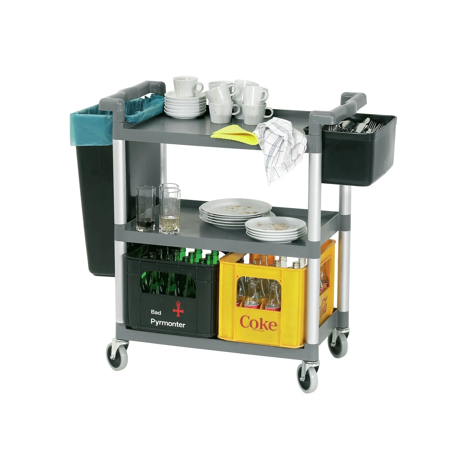 Bartscher A300047 Mülleinsätze für Servierwagen Ansicht Komplett mit Geschirr und Müll gedreht