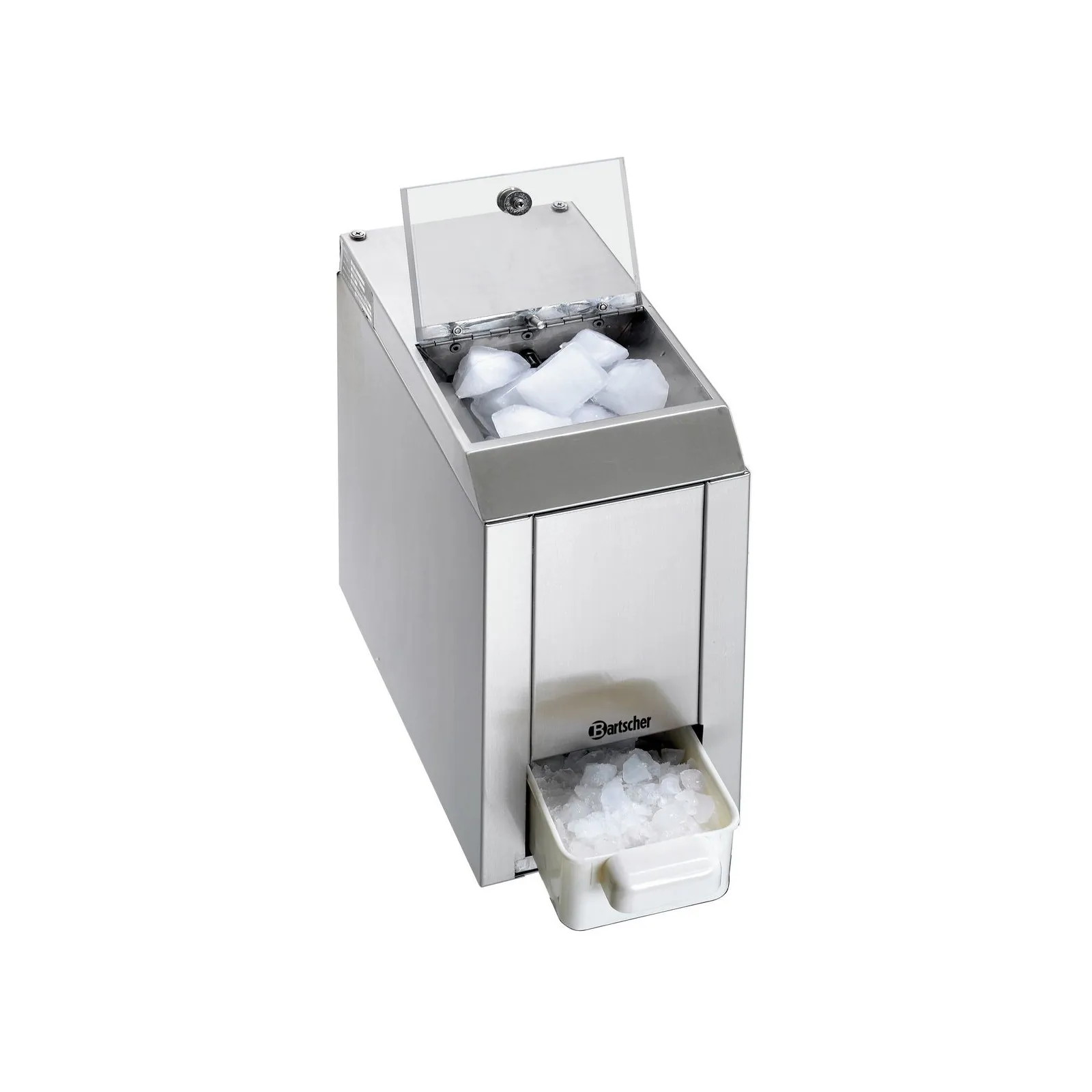 Bartscher 135012 Eiscrusher, Edelstahl Ansicht Komplett, mit Eis, Schreibtischkühlung?, Eiswürfelspender, Eisschale, Eiswürfelbehälter, Stainless steel ice machine